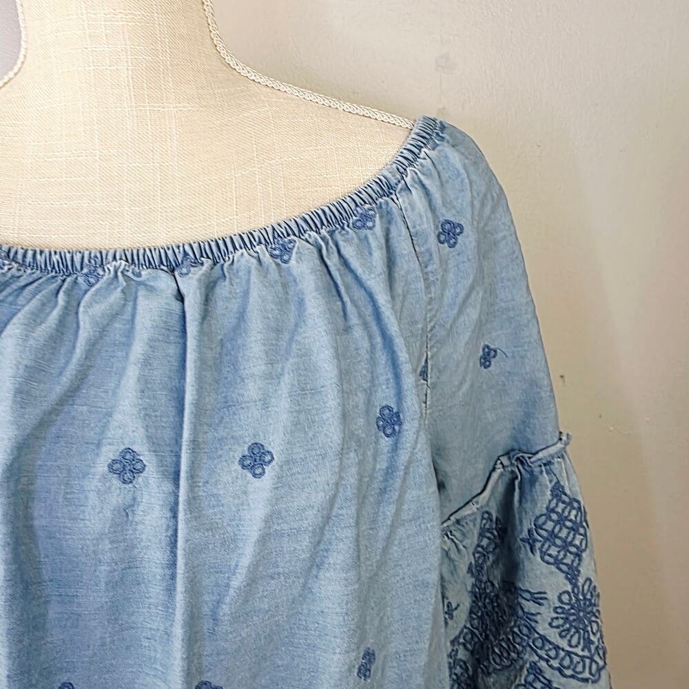 St. John’s Bay Dress Large Blue Embroidered Bell Sleeve Boho Peasant Coastal - Picture 5 of 12